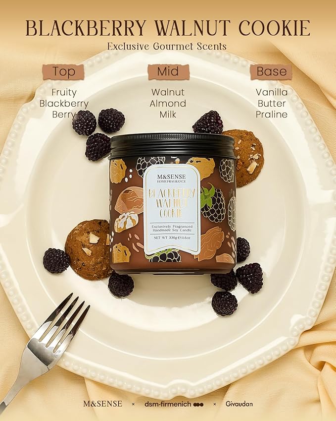 M&SENSE BlackBerry Walnut Cookie Scented Candle, Soy Wax 11.6oz 70 Hours Non Toxic Slow Burn, Fruity Nutty Bakery Fragrance, Holiday Jar Candle for Home Decor, Relaxing Aromatherapy Gifts for Women
