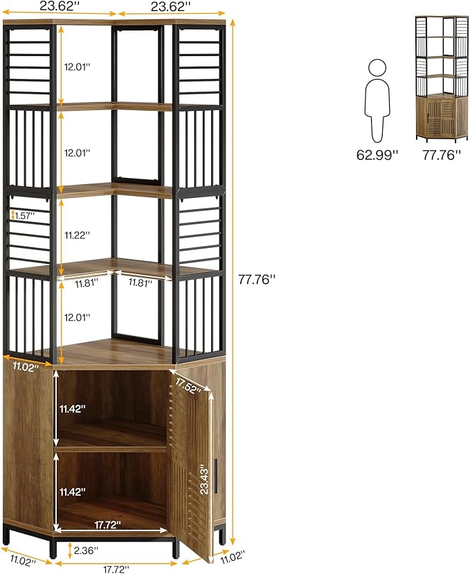 Tribesigns Tall Corner Storage Cabinet, 77.76-Inch Industrial Corner Shelf with Door, 7-Tier Metal Bookshelf Storage Bookcase Display Shelving Unit for Living Room, Rustic Brown
