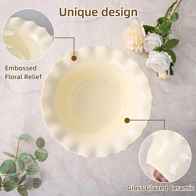Vniltyc Ceramic Fruit Bowl for Kitchen Counter,Fruit Organizer Serving Bowls with Oak Wood Stand,Fruit Holder Big Bowl for Vegetable Storage,Home Decoration