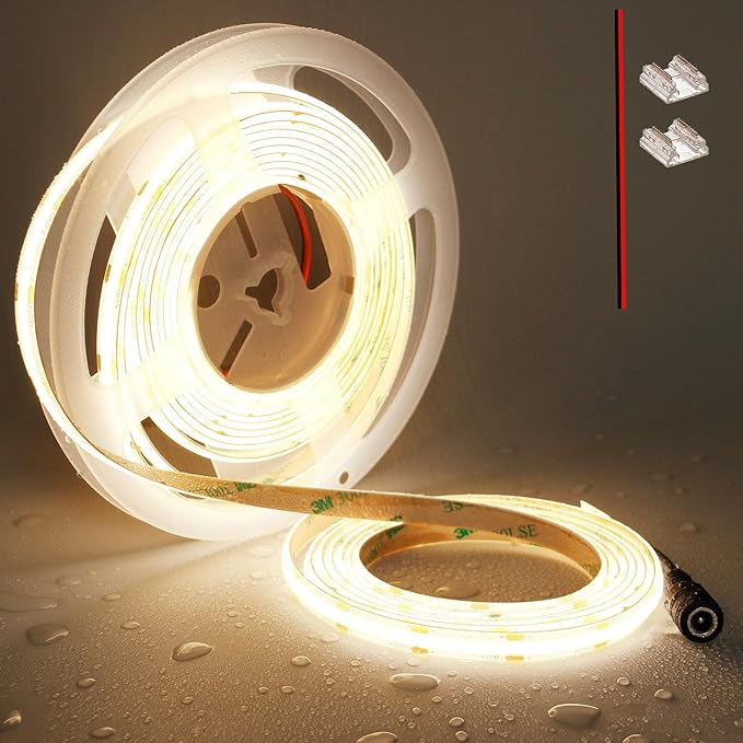 TOPAI 12V COB LED Strip Light 3000K Warm White Waterproof IP65 480LEDs/M Super Bright 4000Lm CRI>90 16.4ft/5M Dotless High Density Cuttable Flexible for Cabinet Home DIY Lighting Projects
