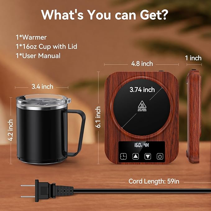 Coffee Mug Warmer & Mug Set for Desk, 36W Electric Coffee Cup Warmer with 16oz Cup, 9 Temp Settings Auto Shut Off Heated Mug Plate for Home Office Desk Accessories, Gifts for Women Men, Wood