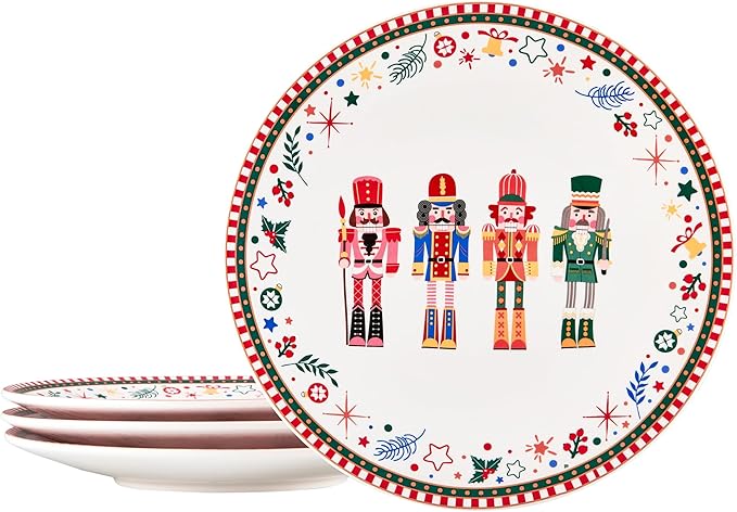 Bico Christmas Soldier Dinner Plates Set of 4, 11 Inch Large Ceramic Plates for Pasta, Steak, Stylish Serving Dishes, Microwave and Dishwasher Safe, Gift for Housewarming and Christmas