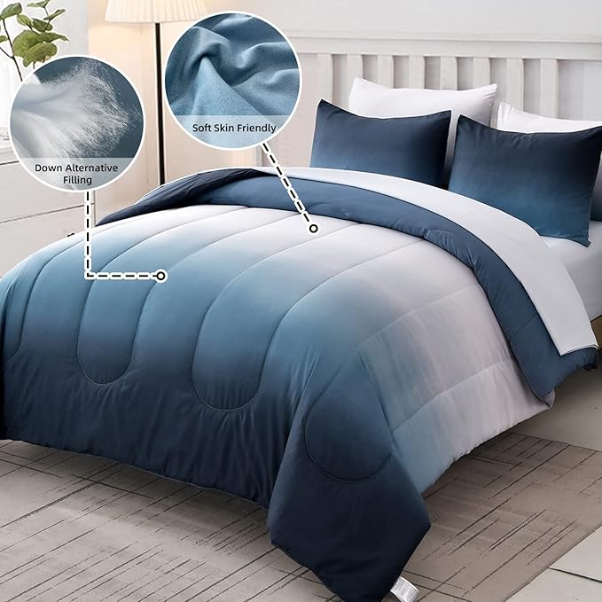Anibedding Gradient Blue Twin Comforter Set - 6 Pieces Ombre Navy Blue White Microfiber Bed in a Bag - All Season Down Alternative Light Ocean Sea Blue Abstract Bedding Set for Teen Boys Girls Women
