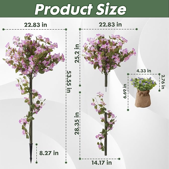 4FT Artificial Bougainvillea Tree, Set of 2 Flower Plants Artificial Tree, Faux Floral Plant Blooming Bush with Spike, 48" Large Fake Tree for Indoor Outdoor Porch Decor