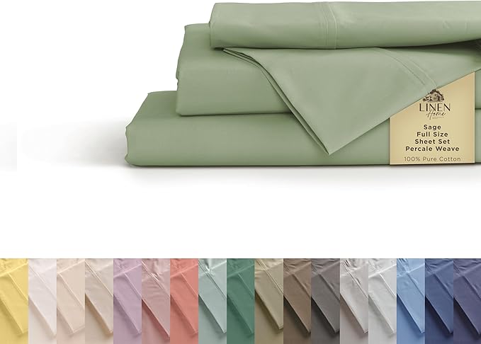 Linen Home 100% Cotton Percale Sheets Full Size, Sage, Deep Pocket, 4 Pieces Set - 1 Flat, 1 Deep Pocket Fitted Sheet and 2 Pillowcases, Crisp Cool and Strong Bed Linen