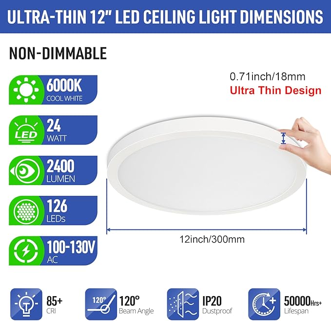 SunRider LED Flush Mount Ceiling Light Fixture, 6000K Cool White, 2400LM, 12 Inch 24W Modern Round Flat Lights, 240W Equiv. Panel Lamp, Non-Dimmable