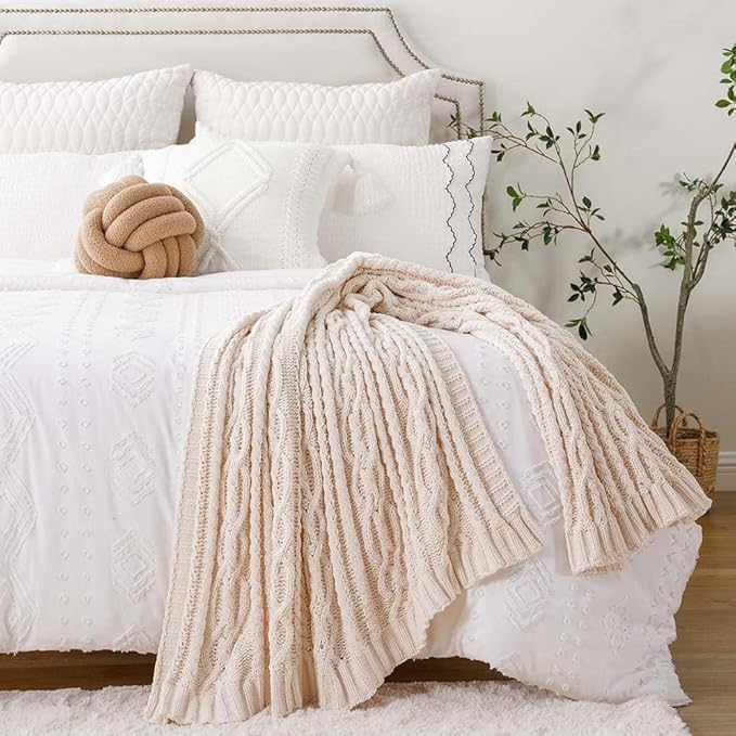 Battilo Cream White Ivory Throw Blanket for Couch, 51x 67 Inch, Woven Chenille Knit Throw Blanket for Chair, Super Soft Warm Decorative Textured Throw Blanket for Bed, Sofa and Living Room.