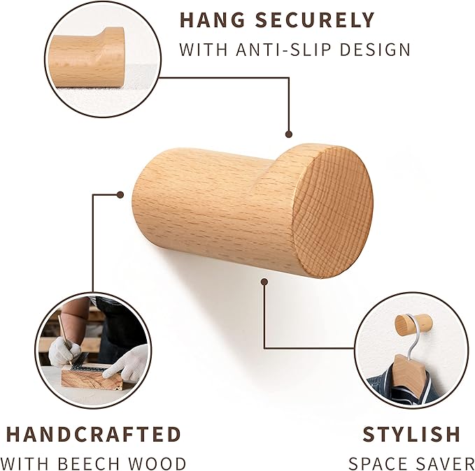 Natural Wooden Wall Hooks - Pack of 4 - Wall Mounted Hook - Modern Wood Coat Rack - Decorative Wooden Pegs for Hanging Hat, Towel, or Purse (Beech Wood)