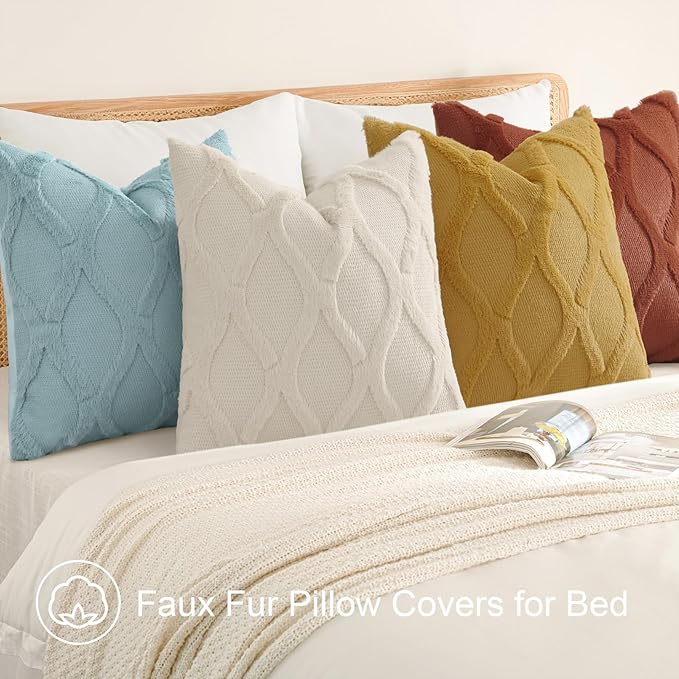decorUhome Set of 4 Throw Pillow Covers 18x18 Inch, Neutral Decorative Soft Plush Faux Wool Couch Pillow Covers, Farmhouse Pillow Cases for Living Room Bed Sofa (Beige/Rust)