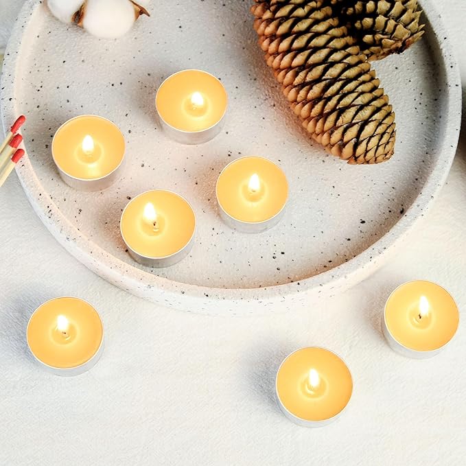 Natural Organic Beeswax Tea Candles in Metal Aluminum Cup - Small Candle Bulk Natural Scent Smokeless 4-5 Hours Long Burning - Yellow, Pack of 50