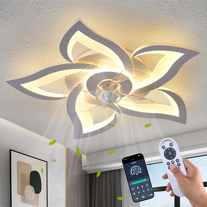 Flush Mount Ceiling Fan with Lights, 24" White ,Remote Control, 6 Speeds 3 Light Color Low Profile Ceiling Fan for Kitchen