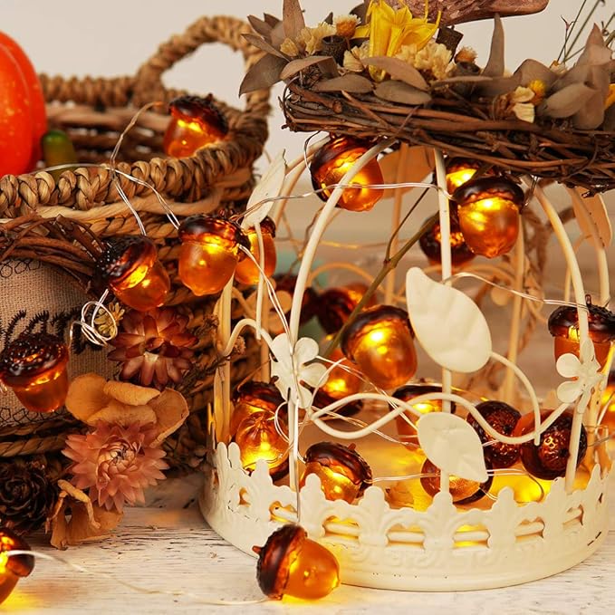 BOHON 3D Acorn Fall Decor Harvest String Lights Battery Powered with Remote and Timer 10ft 30 LEDs Thanksgiving Decorations for Christmas Party Autumn Tree Ornaments