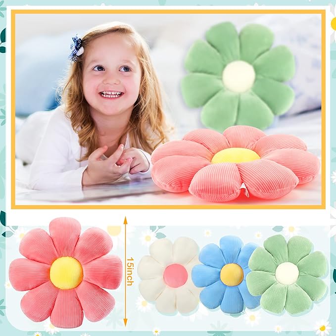 Coume 4 Pcs Flower Pillows 15" Cute Plush Flower Throw Pillows Daisy Floor Seat Cushion for Bed Sofa Couch Chair Classroom Corner Office Christmas Room Decor(Pastel)