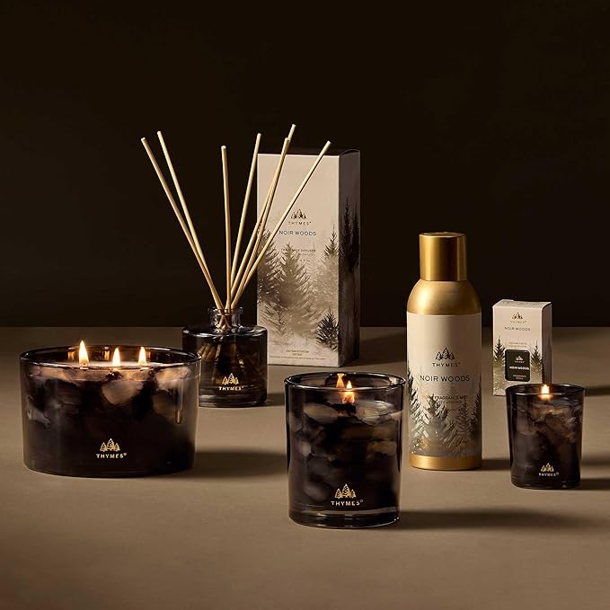 Thymes Noir Woods Scented Candles for Home Decor – Notes of Fresh Evergreen, Smoky Wood & Golden Amber – Luxury Home Fragrance Gifts for Women & Men – Burns Up to 20 Hrs (Votive Candle, 2 oz)