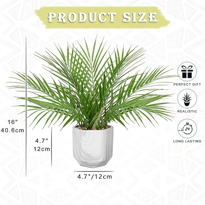 Hollyone Large Artificial Potted Plants Fake Palm Plants 16" Faux Green Plant Plastic Tropical Palm Tree in Marble Ceramic Pots Bohemian for Home Room Office House Indoor Decoration