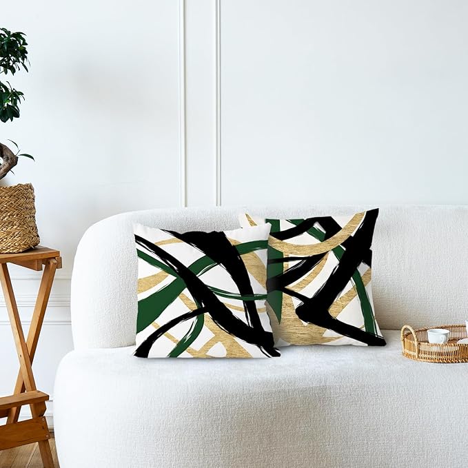 Black Gold and Green Pillow Covers, Abstract Black and Gold Pillow Covers 20x20 Set of 2, Modern Boho Decorative Throw Pillows Cover for Couch Bed Living Room