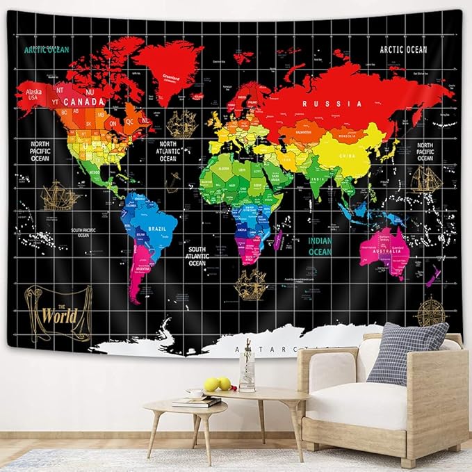 World Map Tapestry, Black Map World Vintag Topography Educational Wall Art Tapestries，Asia Europe South City Topography America Africa Japan Tapestry Wall Hanging 60X40 Inch