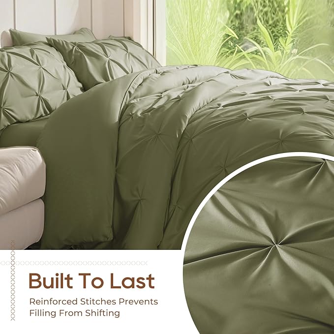 Sasttie Twin XL Comforter Set, 5-Piece Bed in a Bag, Pintuck Bedding Sets for All Season, Includes Comforter, Flat Sheet, Fitted Sheet, Pillowcase and Pillowsham, Olive Green