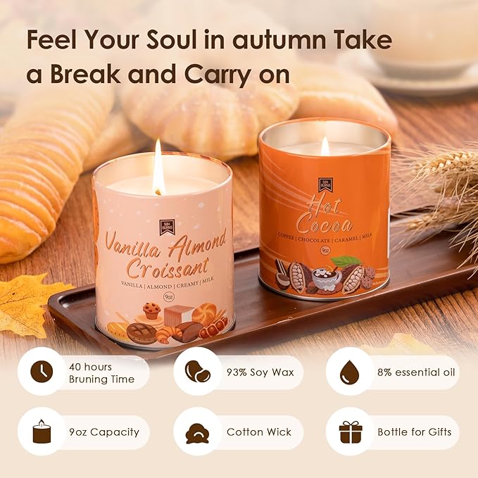 Fall Candles for Home Scented Soy Wax Non Toxic Birthday Candles Vanilla Almond Couscous Scented Candle 40 Hours Bruning 9oz Aromatherapy Jar Candle Gifts for Women Halloween Birthday Thanksgiving