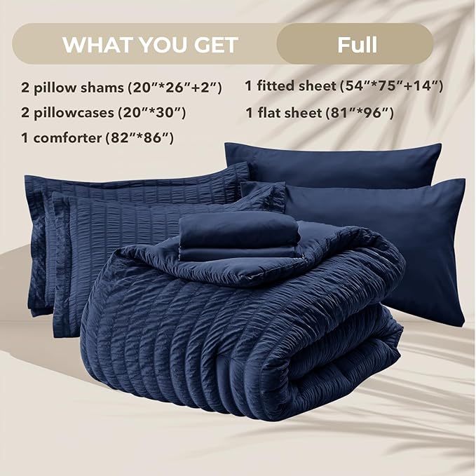 HYMOKEGE Navy Blue Full Size Comforter Sets Seersucker 7 Pieces, All Season Luxury Bed in a Bag for Bedroom, Bedding Set with Comforters, Sheets, Pillowcases & Shams