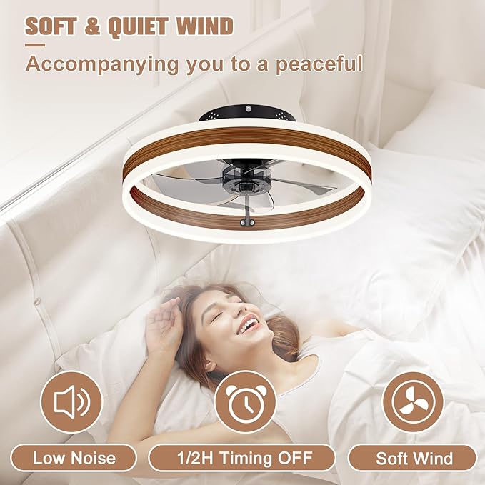 VOLISUN Fandelier Ceiling Fans with Lights and Remote, 15.7in Farmhouse Ceiling Fan Flush Mount, 3000K-6500K Dimmable Bladeless Ceiling Fan with Light, Modern Ceiling Fans with Lights for Bedroom
