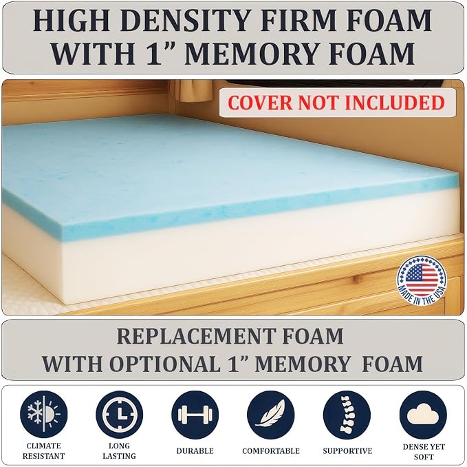 Foamma 3" x 36" x 72" Gel Memory Foam RV Bunk Mattress Replacement, Medium Firm, Pressure Relieving, Cooling Premium Comfort, USA Made, No Cover