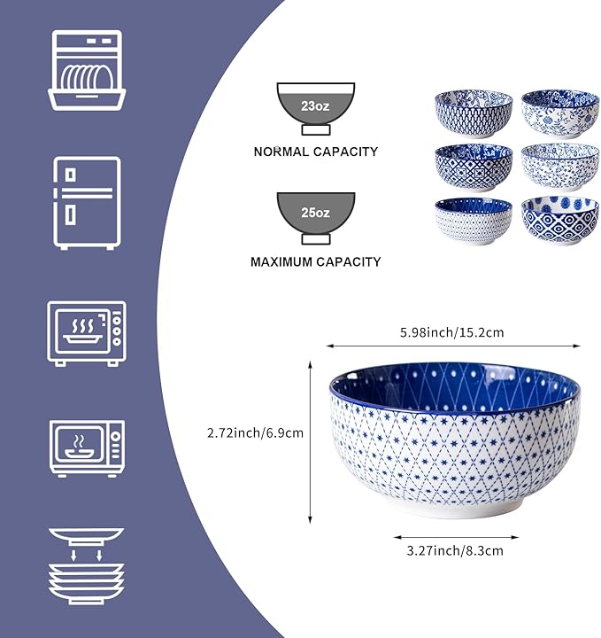 Ceramic Soup Bowls Set - 23 Oz Deep Cereal Bowl for kitchen - 6 Inch Porcelain Salad Bowl for Pasta, Dessert, Ramen - Microwave Dishwasher Safe - Set of 6 - Vintage Blue