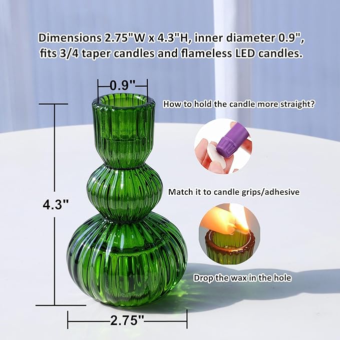 Woho Candlestick Holders Set of 6 for Christmas Decorations, 4.3" Ribbed Glass Taper Candle Holders for Spring Wedding Table, Vintage Candle Sticks Holder Decor for St. Patrick's Day/Daily Home Decor