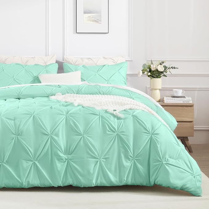 Andency Mint Green Queen Comforter Set, 3 Piece All Season Decorative Pintuck Bedding Comforter & Sets, Mint Green Soft Microfiber Lightweight Washable Bed Set for Queen Size Bed