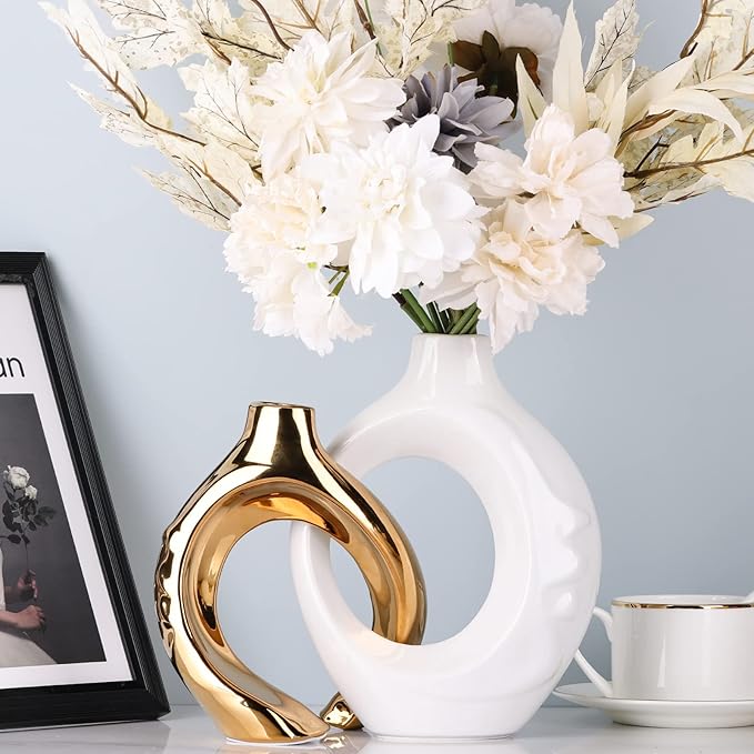 White Gold Ceramic Vase Set of 2 for Modern Home Decor,Round Boho Vase for Pampas Grass,Neutral Minimalist Statue for Dining Room Table Centerpiece Dining Room,Wedding Table Decoration