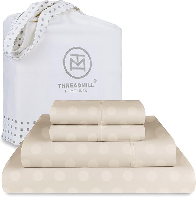 Threadmill 100% Cotton Sheets for King Size Bed | 4 Pc King Bed Sheets Set | Soft, Breathable Lightweight Damask Sateen for All-Season Use | Snug Fit Elastic Deep Pocket King Sheets | Beige
