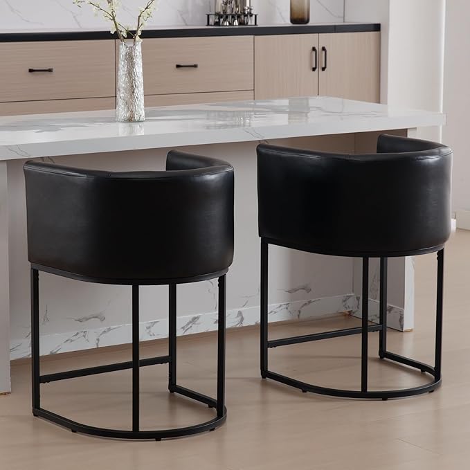 Modern Counter Height PU Leather Upholstered Bar Stools Set of 2, 24" Kitchen Counter Island Stools Bar Chairs with Black Metal Frame, Black
