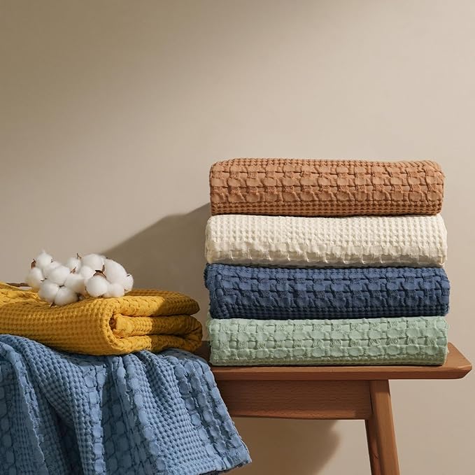 PHF 100% Cotton Waffle Weave Throw Blanket, Soft Lightweight Breathable Cozy Throws for Couch Bed Sofa, Luxury Aesthetic Woven Blanket for Home Decor & Office, 50"x60", Clay