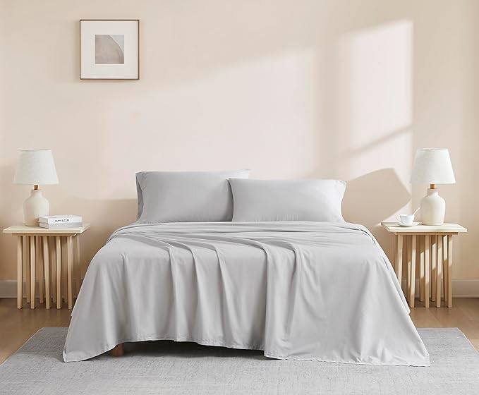 Linen Closet Organic 100% Cotton Twin XL Bed Sheet 3 Pcs Set– Light Grey Crisp Percale, Deep Pocket up to 16” – Lightweight, Breathable & Naturally Cooling – Ideal for College Dorm, Soft & Comfy