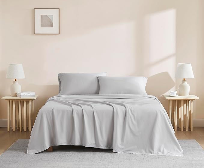 Linen Closet Light Grey Organic 100% Cotton Full Bed Sheets – Ultra Light, Breathable, Cool & Crisp – Wicks Away Moisture,Deep Pocket, Fully Elasticized – 4 Piece Sheet Set, Fits up to 18” Mattress