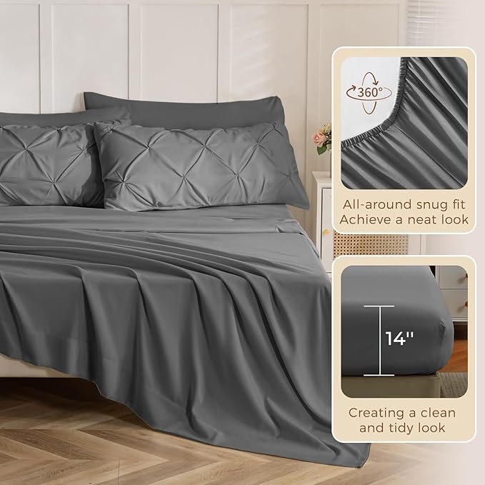 Sasttie King Size Comforter Set, 7-Piece Bed in a Bag, Pintuck Bedding Sets for All Season, Includes Comforter, Flat Sheet, Fitted Sheet, Pillowcases and Pillowshams, Dark Grey
