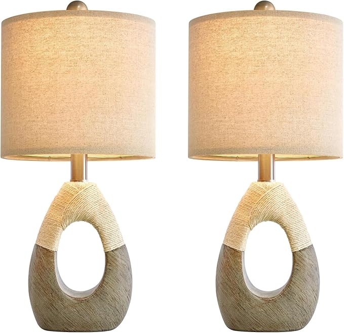 OYEARS 19” Boho Table Lamps Bedroom Living Room Set 2,Suitable for Small Space,Small Farmhouse RattanTable Lamp Rustic Egg Design Resin Light Decoration,Nightstand Bedside Lamps for Office Study Rest
