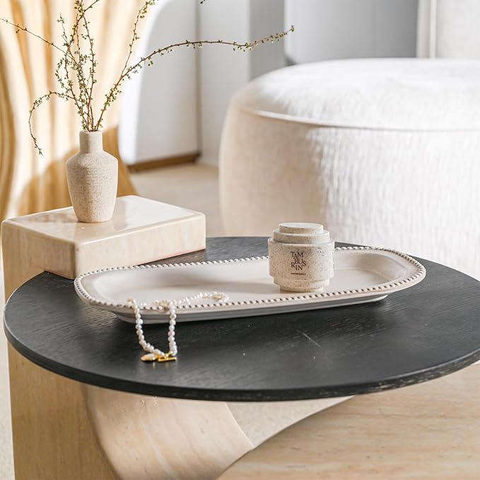 White Decorative Tray for Farmhouse Home Decor, Vanity/Jewelry/Perfume Tray for Coffee Table Decor, Living Room, Bathroom, Kitchen Counter, 13.97" Wood Oval Beaded Trays Boho Modern Decorations