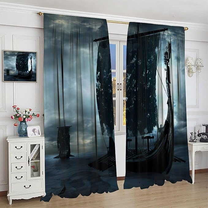 Viking Ship Curtains, Night Scene with Black Vikings Dragon Ship Sailing, Vintage Ancient Scandinavian Nautical Print Blackout Window Drapes for Boys Bedroom Living Room 72x63in