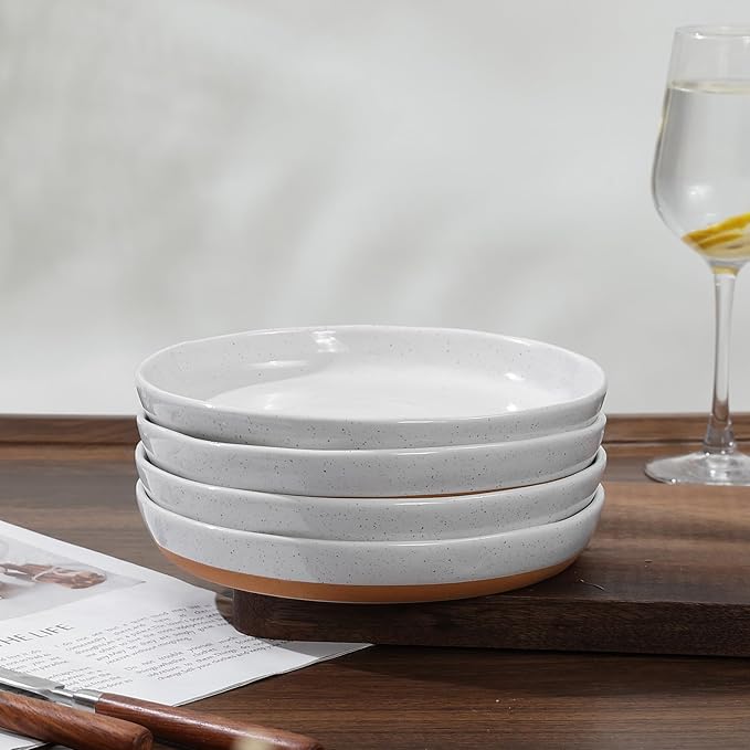8-Inch Stoneware Plates Set of 4 - Porcelain Dinner Plates - Microwave and Dishwasher Safe, Ceramic Plates Set,Scratch Resistant. Kitchen Porcelain Dish,White(Brown Bottom)
