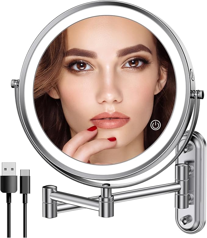 Rocollos Two-Fingers-Width Narrow Base Rechargeable Wall Mounted Lighted Makeup Mirror,3 Color Lights Dimmable Touch Screen,8 Inch LED Double Sided 1X/10X Magnifying Mirror (Polishing Chrome)