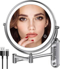 Rocollos Two-Fingers-Width Narrow Base Rechargeable Wall Mounted Lighted Makeup Mirror,3 Color Lights Dimmable Touch Screen,8 Inch LED Double Sided 1X/10X Magnifying Mirror (Polishing Chrome)