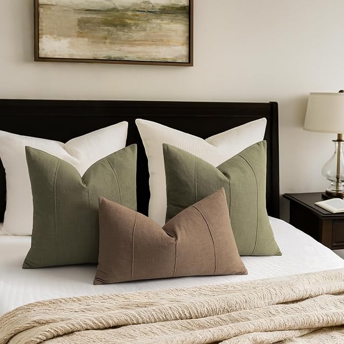Decorative Linen Throw Pillow Covers 18x18 Set of 2 Solid handcrafted Striped Cushion Covers for Bed Soft Modern Farmhouse Neutral Pillowcase for Couch Bedroom Living Room Home Decor(Olive Green)