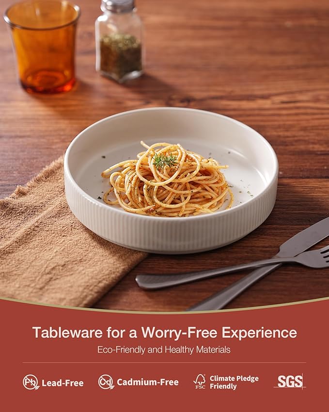 famiware Star 8.25" Pasta Bowls, Large Dinner Bowls Set of 4, Salad Bowl Plates, Shallow Bowls for Eating, Matte White (Full Glaze)