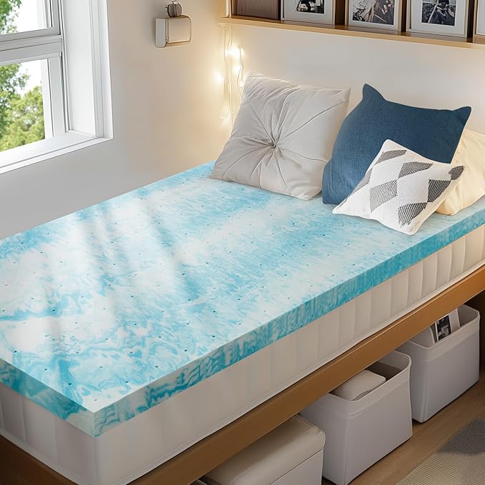 PERLECARE 3 Inch Twin XL Memory Foam Mattress Topper, Cooling Gel Infused Mattress Pad, Ventilated Bed Topper for Pressure Relief, CertiPUR-US Certified, Dorm Room Essentials, Blue