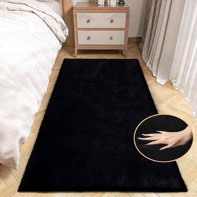 Black Fluffy Rug for Bedroom Shag Rug Washable Carpet Faux Rabbit Fur Rugs for Living Room Hallway Teen Room Décor Nursery Rugs Runner 2x6