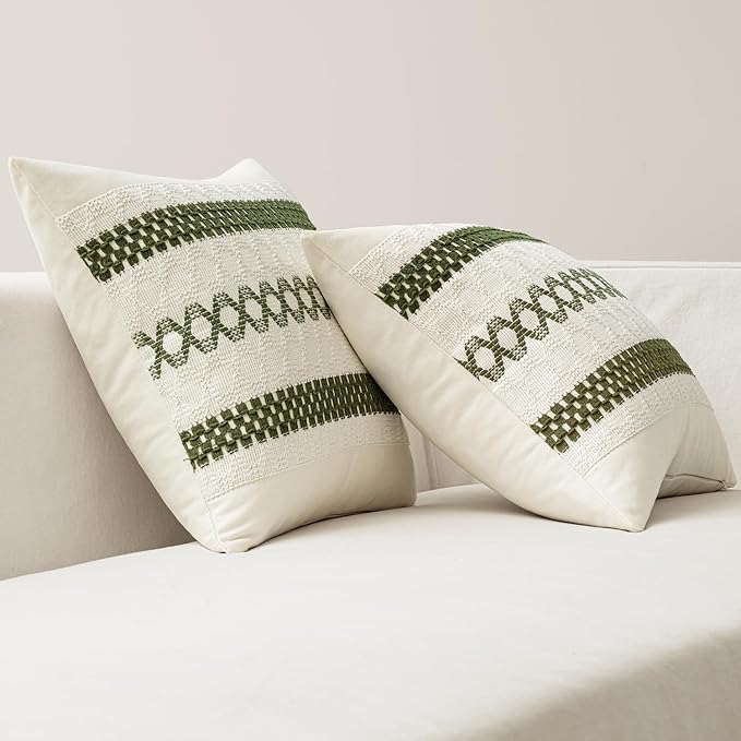 MIULEE Set of 2 Moss Green Boho Decorative Pillow Covers 18x18 Inch Farmhouse Rustic Couch Throw Pillows Modern Summer Cotton Cushion Covers Retro Cute Macrame Woven Home Decor for Bed Sofa Chair