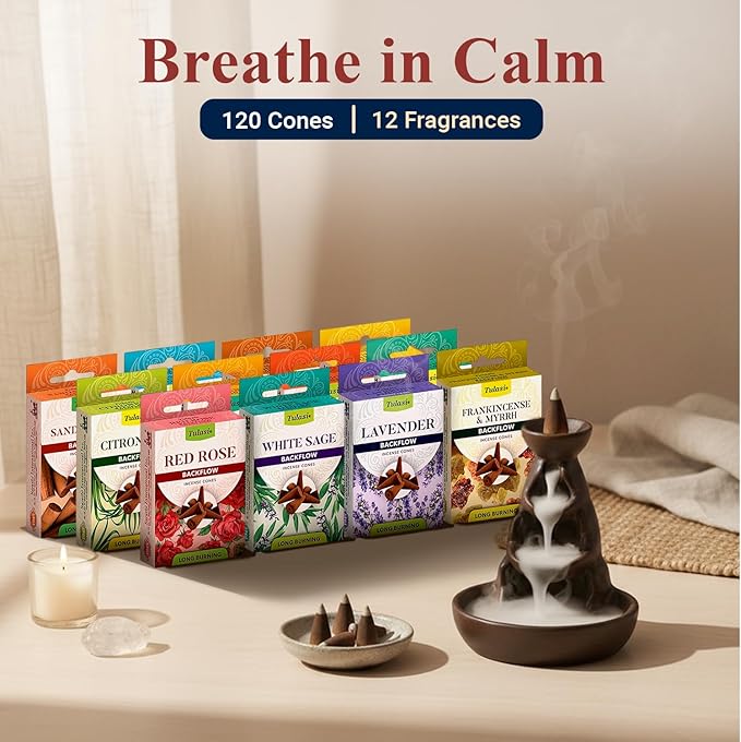 Tulasi Backflow Incense Cones with Natural Oils, Scents Set of 12 Fragrances (120 Cones) Calming Home Aromatherapy, Yoga, Meditation, Relaxing, Mixed Scents with Natural Oils, Thanks Giving