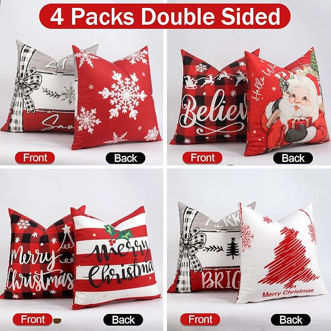 TOYPOPOR Christmas Decorations, Double Sided Throw Pillow Covers 16x16 Inches Set of 4, Christmas Tree, Snowflakes, Merry Christmas, Snowman Reindeer Cushion Case for Farmhouse Home Holiday Decor