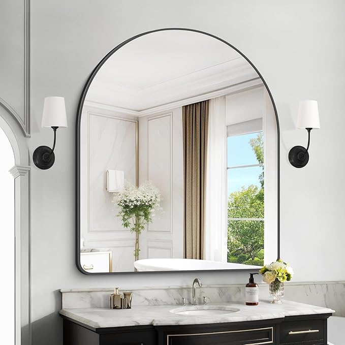 Arched Bathroom Mirror, 36"x48" Black Arched Mirror for Bathroom, Wall Mounted Mirror, Black Vanity Wall Mirror w/Metal Frame for Bedroom, Entryway, Living Room, Vertically Hanging